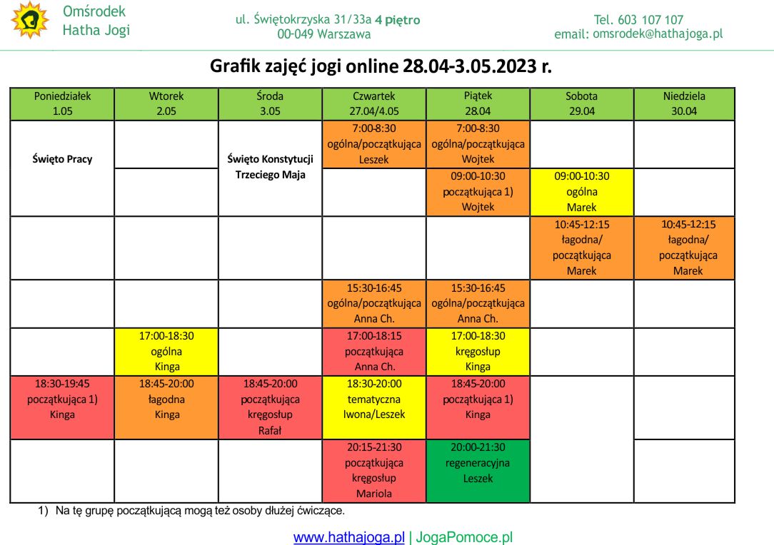 grafik jogi online 28 kwiecień 3 maj 2023