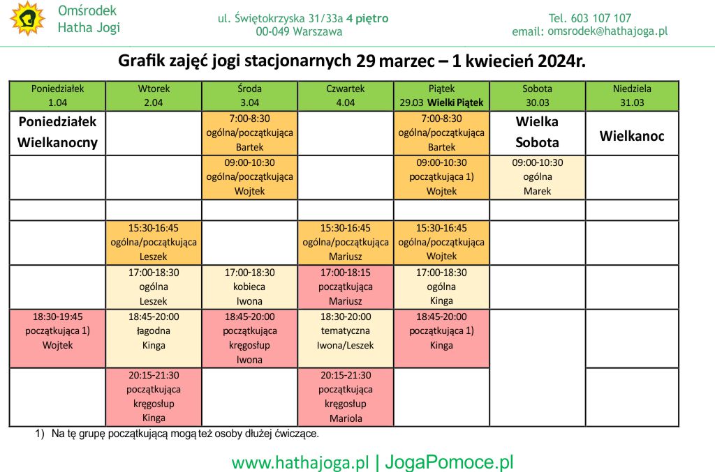 grafik jogi stacjonarne 29 marzec 1 kwiecień 2024