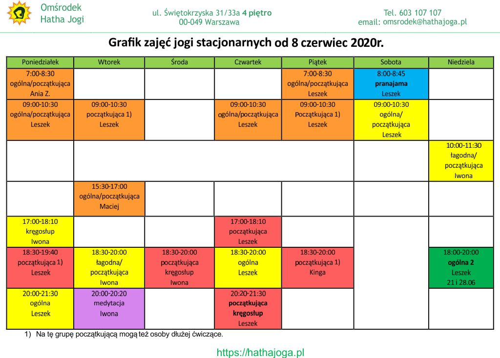 grafik jogi stacjonarne od 8 czerwiec 2020