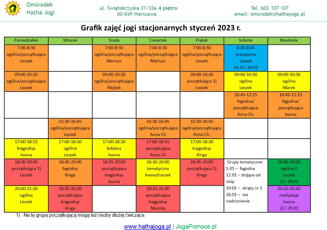 grafik_jogi_stacjonarne_styczeń_2023 Zajęcia - Omśrodek Hatha Jogi